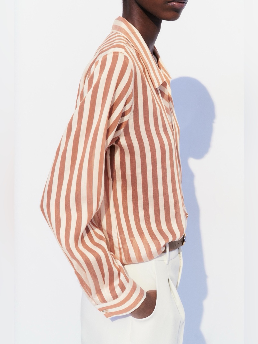 Zara Sheer Striped Button Up Blouse Medium Blush Cream Relaxed M - Picture 3 of 11